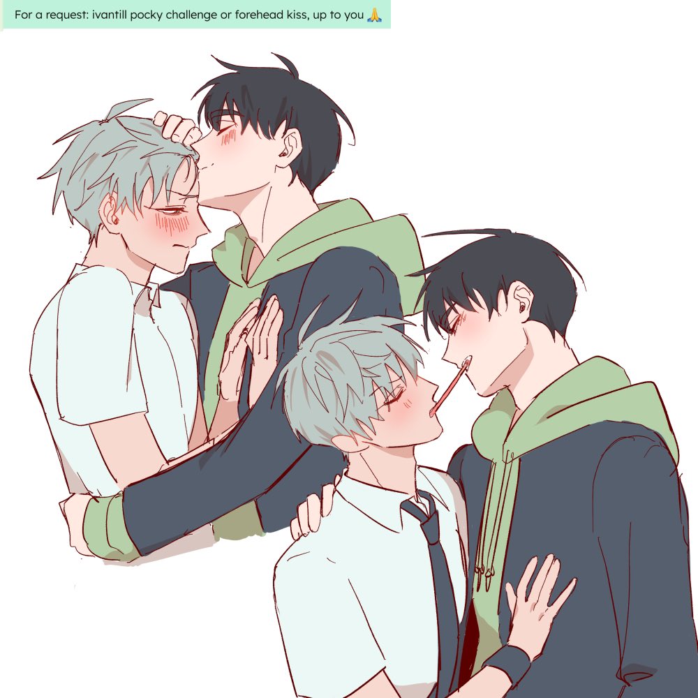 the image shows a drawing of three anime boys. the two boys in the front are participating in a pocky challenge, a game where two people share a pocky