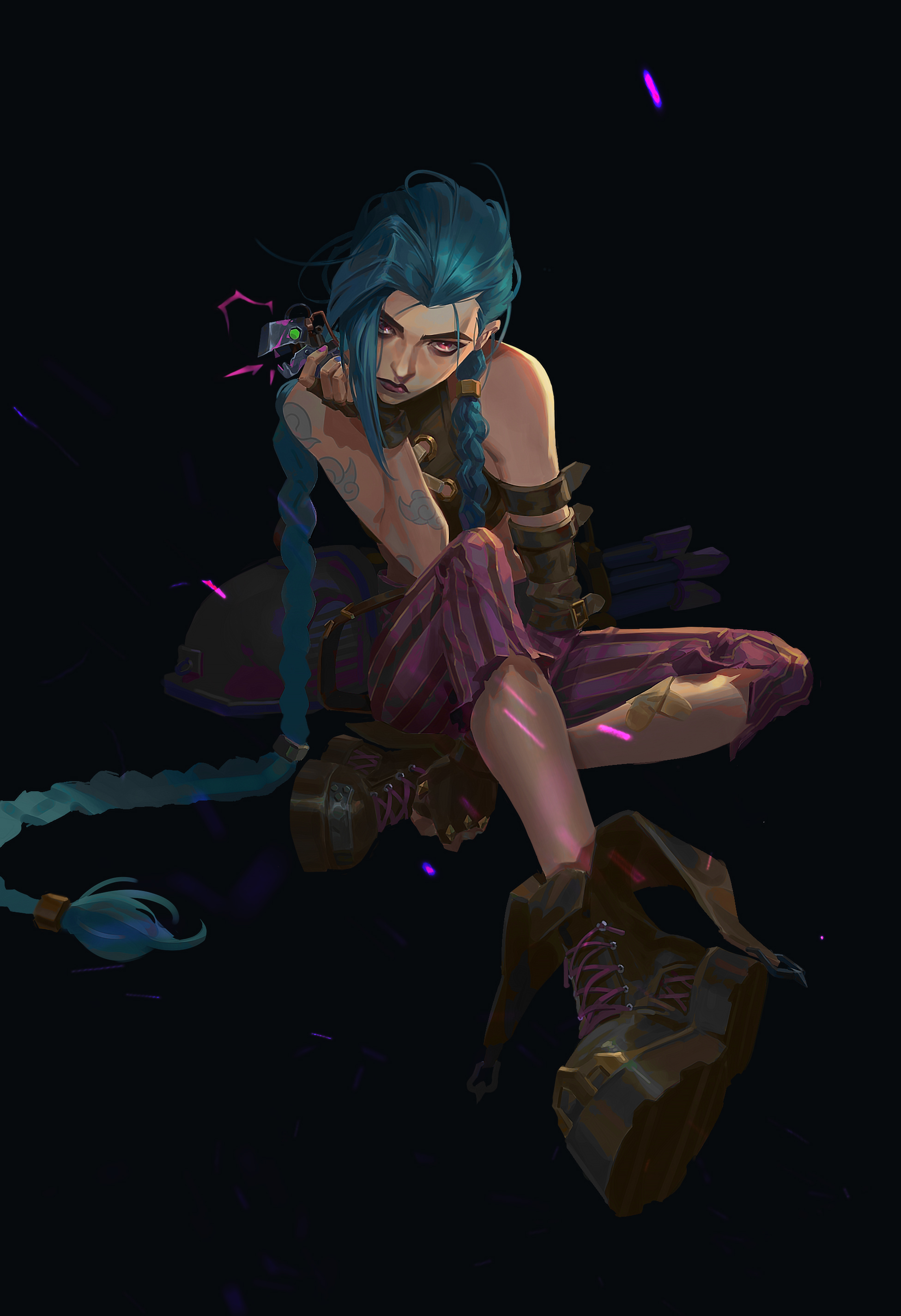 jinx is a character from the video game league of legends.  she is sitting with her legs crossed, looking at the camera,  holding her weapon in her left hand.  she is wearing a purple and pink outfit with a black vest, and her hair is blue.  the background is black with pink particles.  her expression is one of mischief and malice.