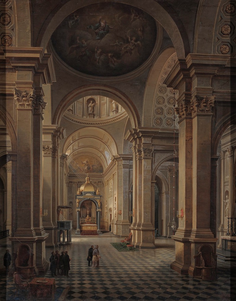 the image is a painting of the interior of a grand church or cathedral. tall pillars and arches frame the view, leading to a dome adorned with a religious fresco. a checkered floor stretches into the distance towards an ornate altar. several people are scattered throughout the space, adding a sense of scale and activity to the scene. the architecture is classical, with intricate details and a focus on symmetry.