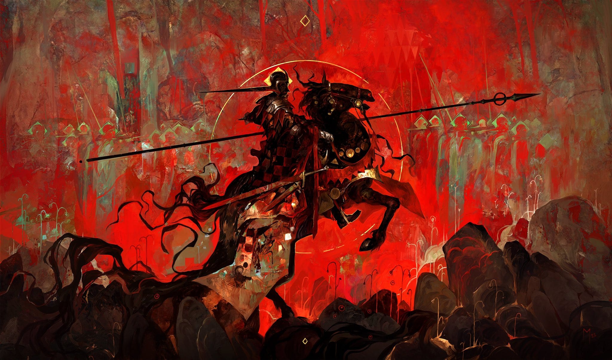 the artwork is a vibrant digital painting in a dark fantasy style. it depicts a knight on horseback, wielding a long spear, riding towards the viewer. the background is a chaotic scene of red and dark tones, suggesting a battlefield or a hellish landscape. the knight's armor and the horse are dark and almost silhouetted against the fiery background.  the painting's style is expressive and abstract, with bold brushstrokes and a strong sense of movement and energy.  the overall feeling is one of intense drama, power, and conflict.