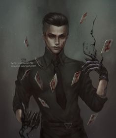 the image showcases a striking portrait of a young man with slickedback dark hair and intense, shadowed eyes. he exudes an aura of dark magic and mystery. he's dressed in a sharp, dark suit, a black tie adding to his air of sophistication.  his hands, adorned with elegant black gloves, manipulate a cascade of bloodstained playing cards that seem to dance around him, defying gravity. the overall ambiance is dark and smoky, with a moody, lowkey lighting scheme casting dramatic shadows across his face and accentuating his sharp features.