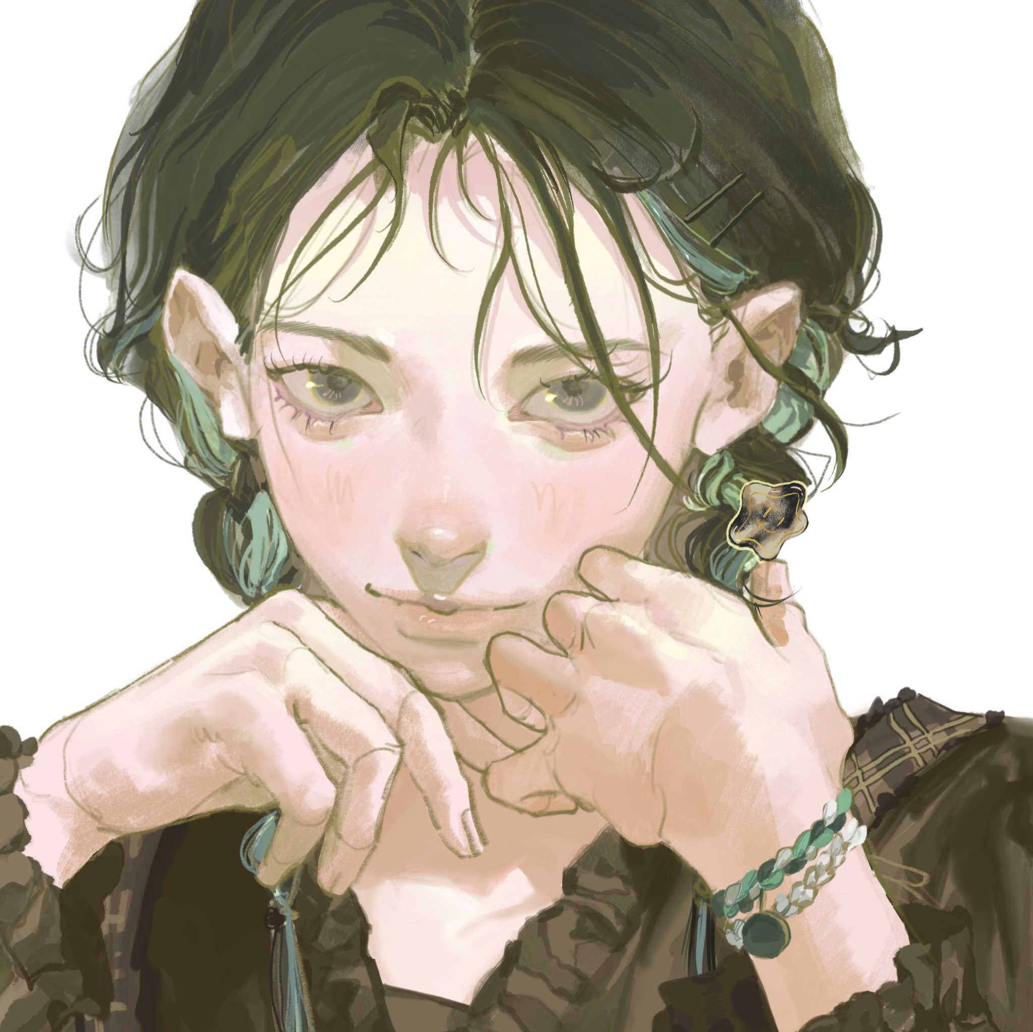 this is a digital painting of an anime girl. she has long dark hair, dark eyes, and she is wearing a dress with a lace collar. she is looking directly at the viewer and her hands are resting on her cheeks. she has a gold earring in one ear and a bracelet on one wrist.