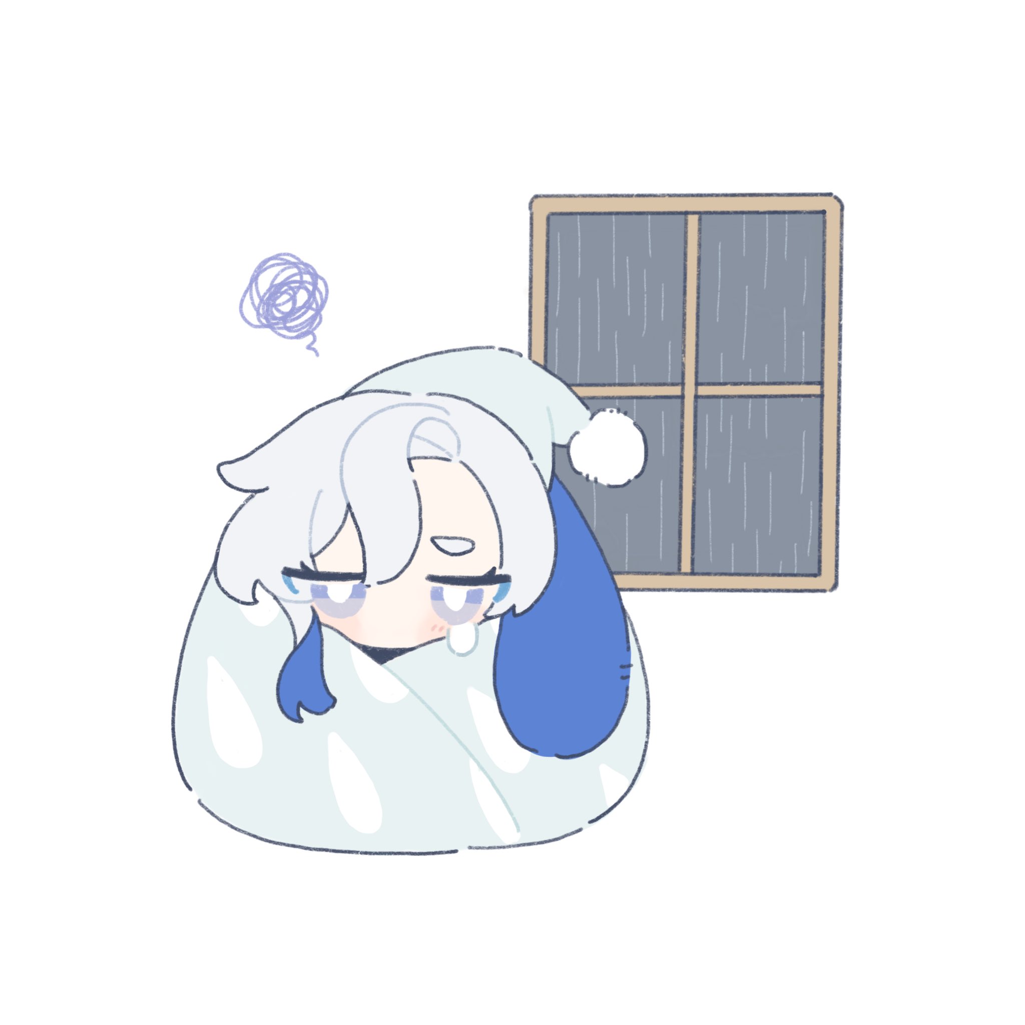 a cute chibistyle illustration of a girl wrapped in a light blue blanket, looking sad and crying. she is wearing a light blue sleep cap and has light gray hair. the background features a window with rain falling outside, creating a melancholic atmosphere. the art style is soft and pastel with light blue and white tones dominating the image.