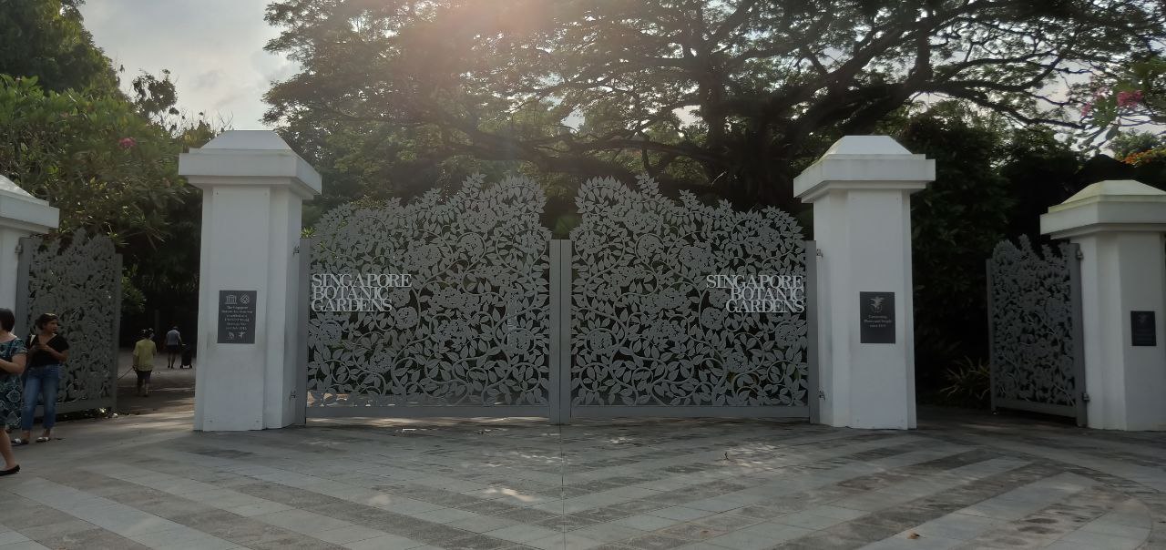 a view of the entrance to the singapore botanic gardens, featuring a pair of ornate metal gates with intricate floral designs. the gates are flanked by white pillars and a walkway leading into the gardens. the sunshine illuminates the scene, highlighting the beauty of the architecture and surrounding greenery.