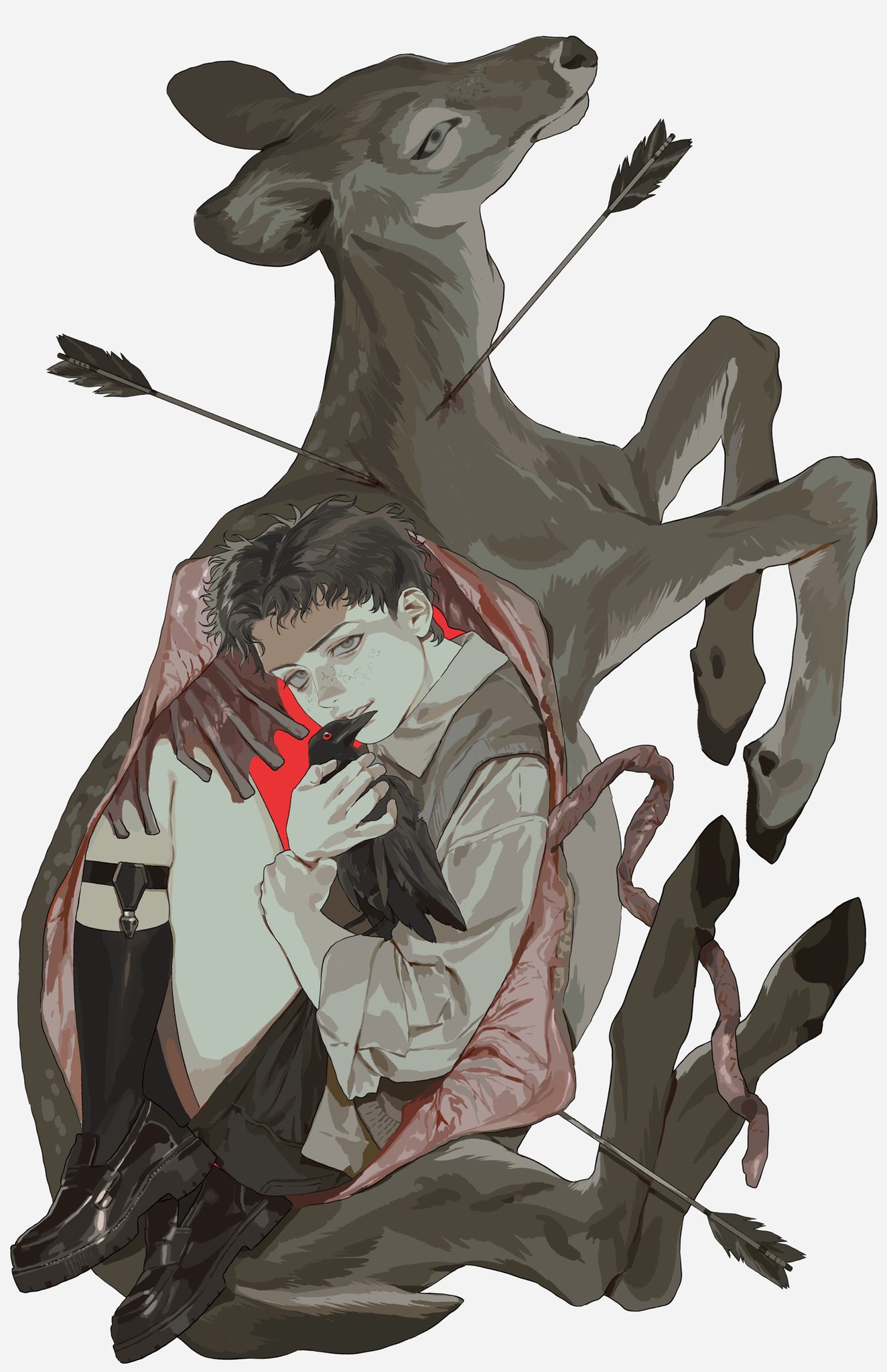 a digital illustration depicts a young person cradled within the carcass of a deer. the deer, pierced by two arrows, forms a protective shell around the individual. the youth, with pale skin and dark hair, cradles a black bird. the scene is visceral, with exposed intestines and visible wounds. the individual is wearing boots, hosiery, and a suspender belt. the background is a stark red.