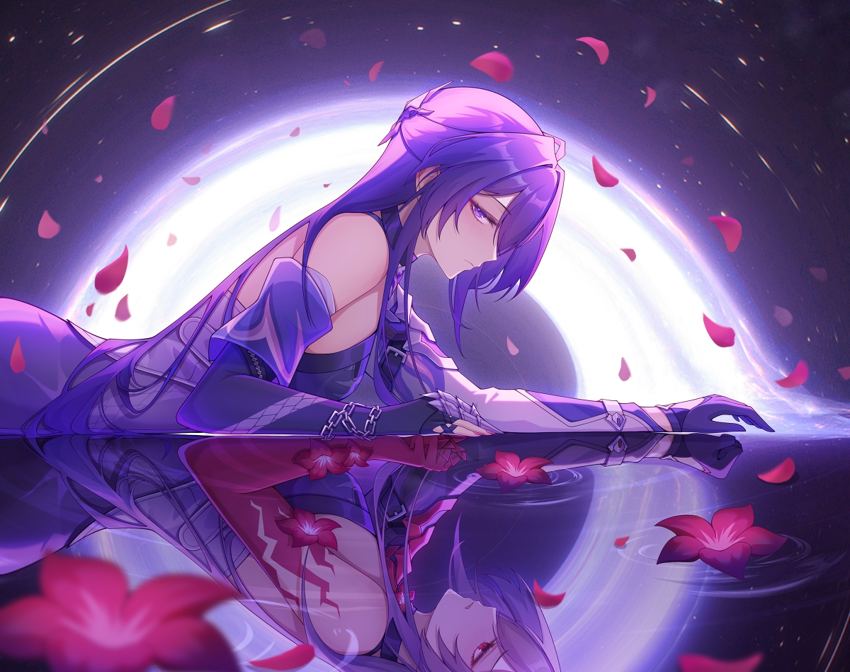 the image showcases an anime girl with long, flowing purple hair partially submerged in water. she's wearing an elaborate, dark purple outfit with intricate details. her reflection is visible in the water, creating a sense of symmetry.  red petals float around her, adding a touch of color contrast. a bright, circular light in the background illuminates the scene, giving it a magical and ethereal atmosphere.
