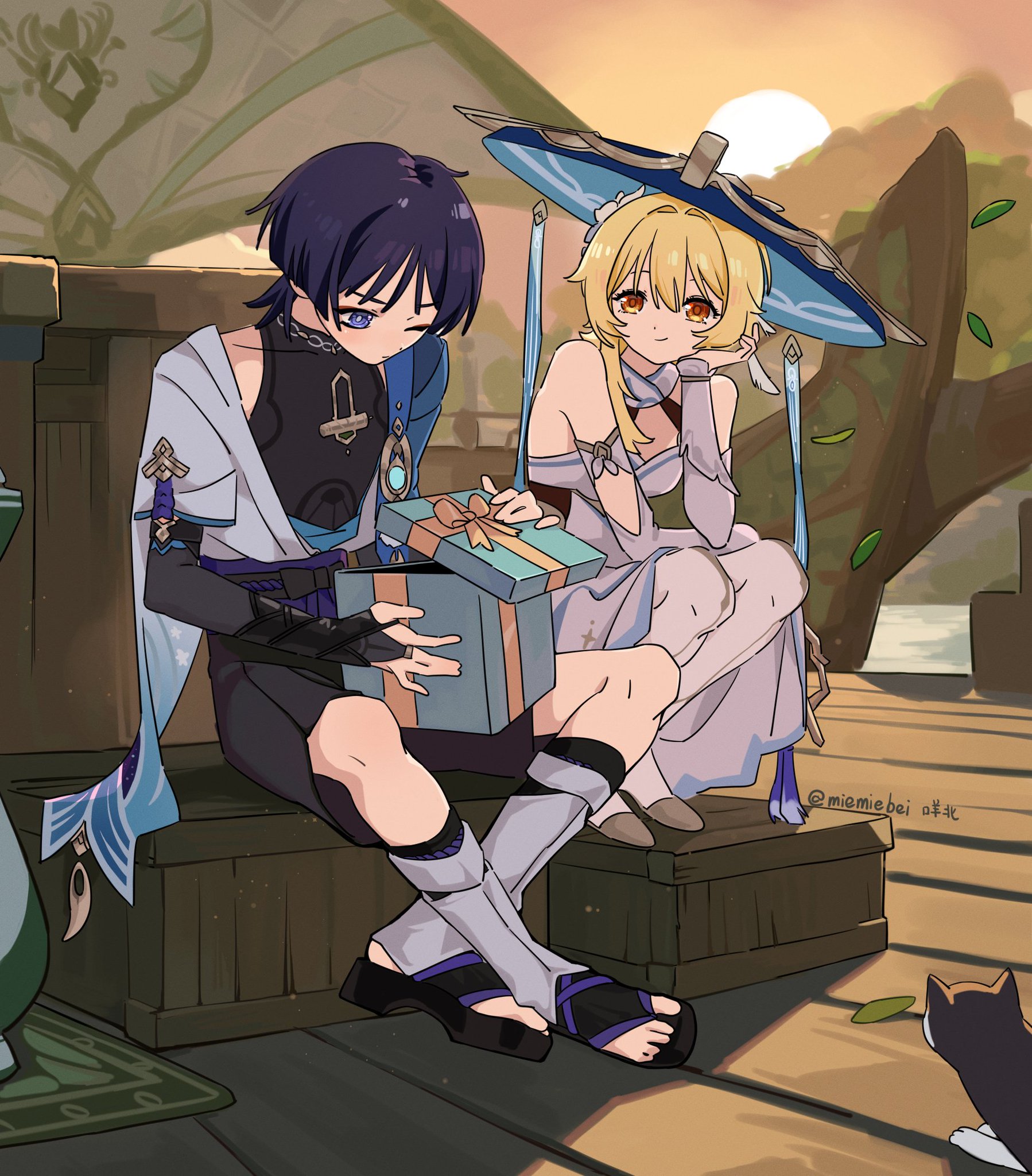 the illustration depicts two anime characters, a boy and a girl, sitting together on a wooden platform. the boy is dressed in a dark blue and white outfit, and he is holding a wrapped present in his hands. the girl is wearing a light blue and white dress. she is looking at the boy with a smile on her face. the setting is a whimsical, magical world with a fantasy backdrop of floating islands and vibrant foliage. the artwork is rendered in a cute and endearing style, creating a warm and romantic atmosphere. the overall message of the image is one of love and happiness.