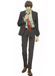 a man with short, curly hair and a goatee is standing with his hand on his tie. he is wearing a dark suit, a light green shirt, and a red tie. he has a serious expression on his face.