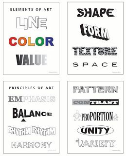 the image shows a poster for art class. the poster is divided into four sections, each of which lists different elements and principles of art. the first section lists the elements of art: line, color, value, shape, form, texture, and space. the second section lists the principles of art: emphasis, balance, rhythm, harmony, pattern, contrast, proportion, unity, and variety.
