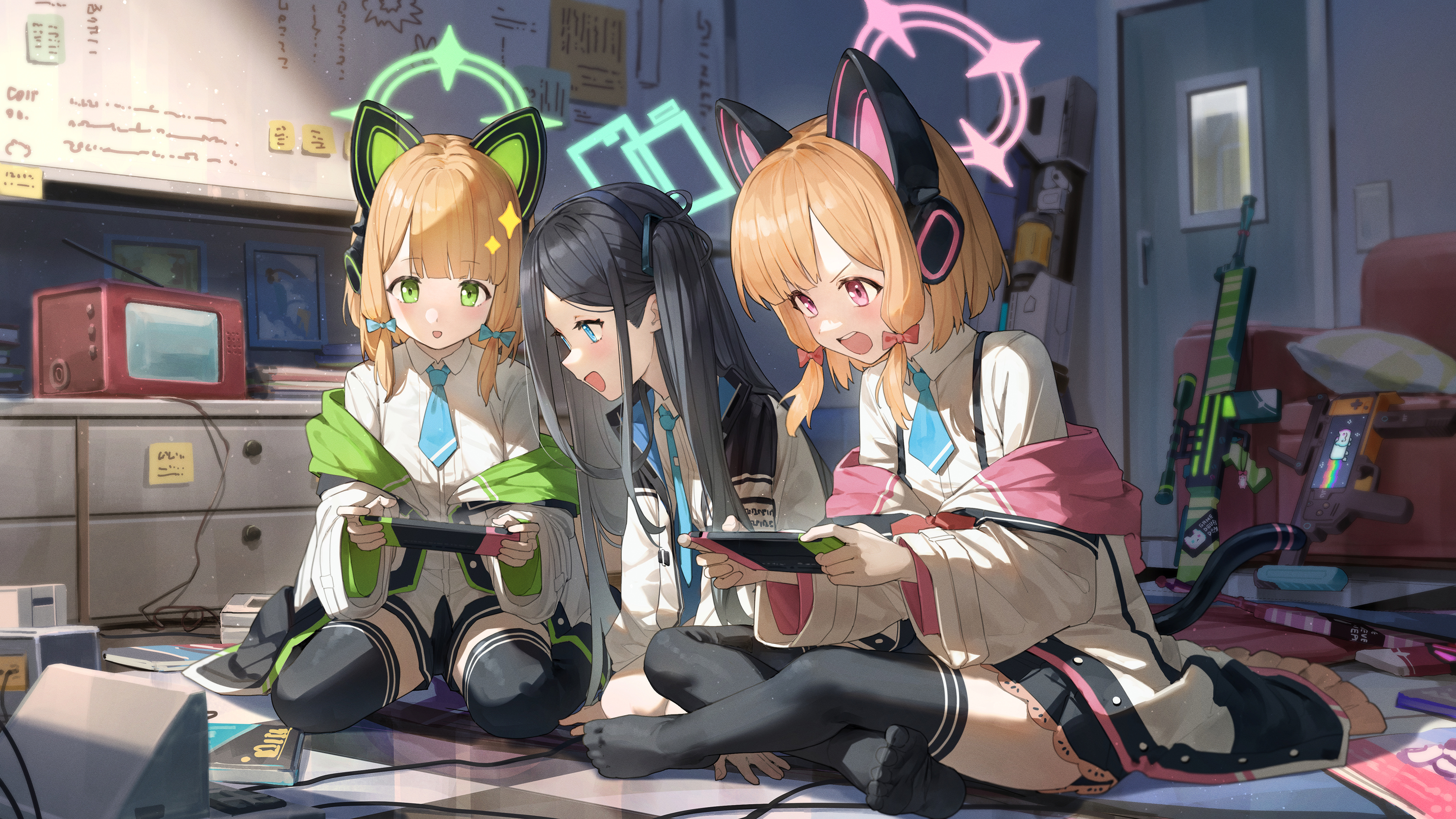 the image shows three anime girls with cat ears and headphones sitting on the floor in a messy room. they are playing handheld video game consoles and appear to be having fun.  the room has various items strewn about, including a retrostyle television, gaming peripherals, and a rifle leaning against a chair. the girls wear schoollike uniforms with pastel color schemes and long socks. the overall style is bright, cute, and playful.