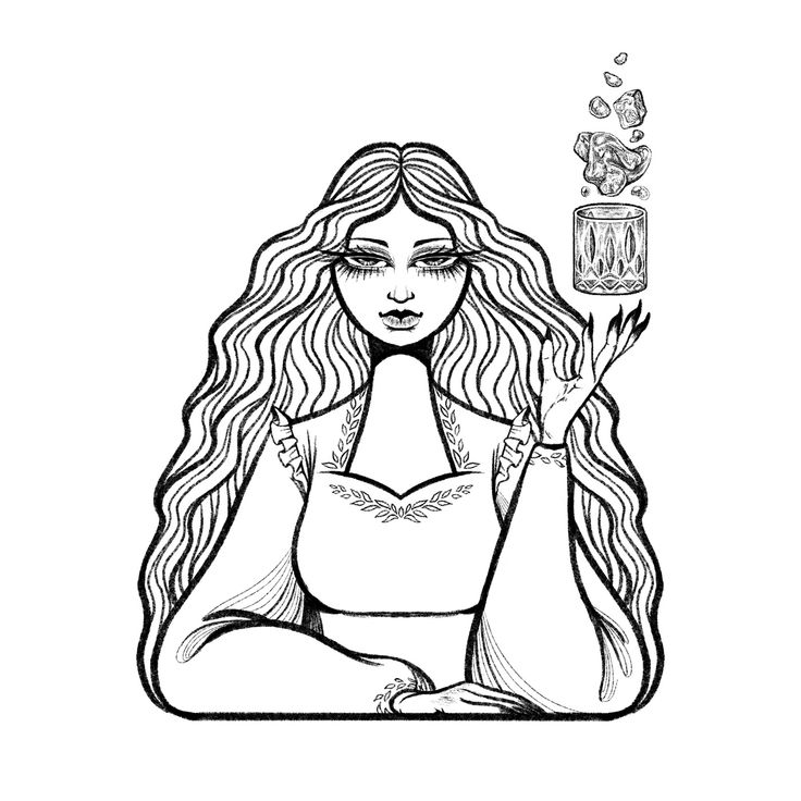 a black and white illustration of a woman with long, flowing hair, wearing a dress with intricate detailing. she is seated at a table, with one hand resting on the surface and the other gesturing towards a glass and floating crystals. the image conveys a mystical and ethereal quality, suggestive of magic or divination.