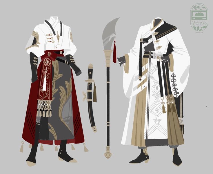 the image showcases a pair of fashion design illustrations, likely concept art for characters. each illustration features a detailed outfit in a style that blends asian aesthetics, potentially drawing inspiration from traditional japanese or korean clothing.  the design on the left is a more formfitting outfit, with a predominantly red and gold color scheme, accessorized with a short sword. the outfit on the right is a looser, more flowing robe with beige and white tones, accented by black elements. the figure on the right also wields a large polearm. both outfits are richly detailed with various embellishments and accessories such as tassels and decorative elements. the style is elegant and ornate, suggesting a high level of detail and craftsmanship.  the background is a simple, neutral gray, allowing the designs to stand out prominently.