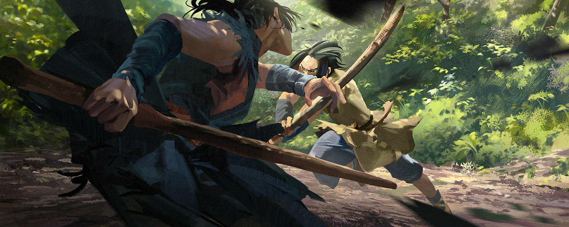 this digital illustration depicts two warriors battling in a lush green forest. both have distinct appearances: one is a darkskinned warrior with a fierce expression, while the other is lighter skinned and seems to be wearing a robe or tunic. they're locked in a fierce duel, swords clashing, bodies moving dynamically. the setting contributes to the sense of action, with thick foliage and dappled sunlight filtering through the trees. the scene is full of energy and motion, making it a captivating piece of artwork.
