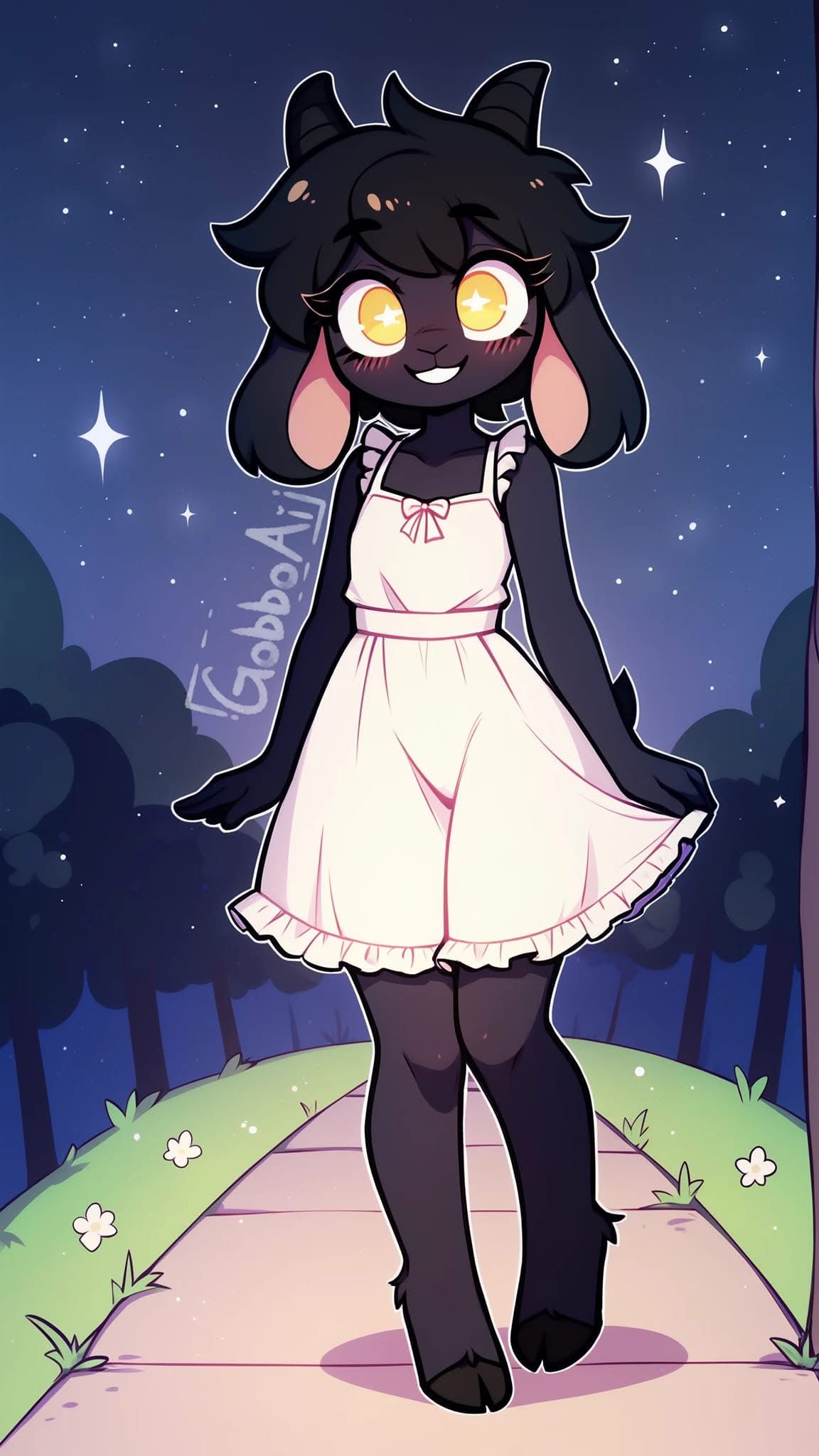 he image is a digital illustration of a cute, anthropomorphic goat girl. she has black fur, large golden eyes, and is wearing a light pink dress with ruffles.  she's walking down a path in a forest at night, under a starry sky.  flowers line the path. the style is reminiscent of anime or cartoon art, particularly chibistyle characters.  the overall mood is sweet and whimsical.
