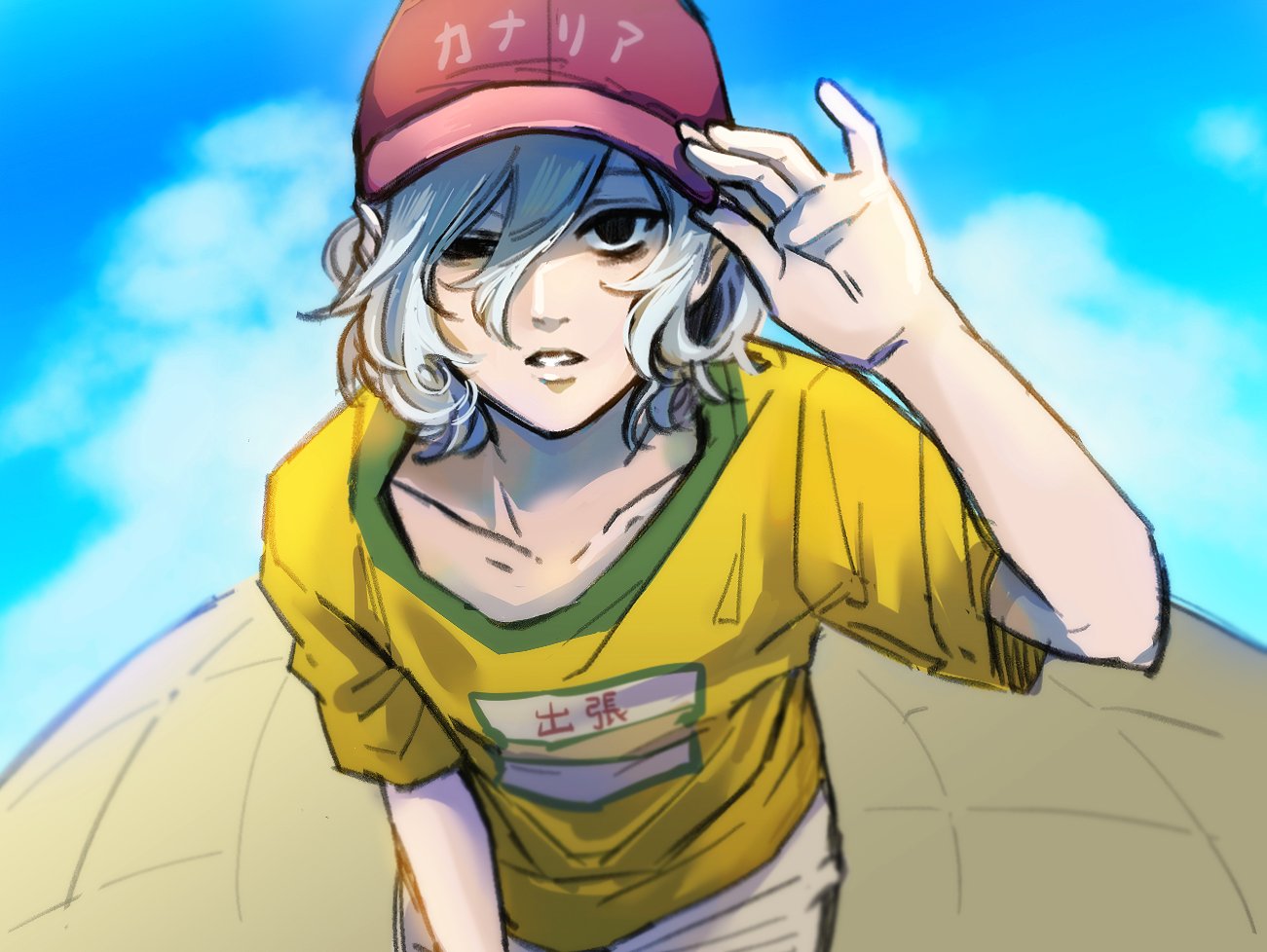 he image is a digital painting or illustration of an animestyle girl. she has short, white hair, and is wearing a pink baseball cap with japanese text on it, and a yellow shortsleeved shirt with a green stripe and a small rectangular patch with more japanese text. she is looking upward and slightly to the side, and she is using one hand to adjust her cap. the background is a sunny sky with clouds, and she is standing on a tancolored surface that appears to be sand or earth. the overall style is casual and slightly whimsical.