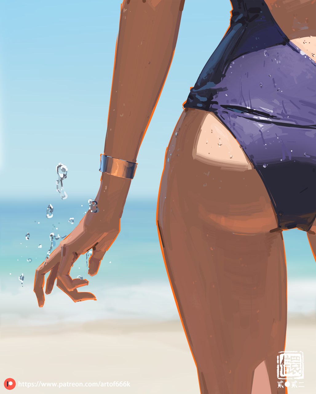 the image is a stylized digital painting or illustration of a woman's back and legs from the rear view. she is wearing a dark purple swimsuit and is standing on a beach with the ocean visible in the background. water droplets are seen splashing near her hand.  the art style is painterly and smooth, with warm tones.  the focus is on the woman's body, with the background blurred and serving as a context.  the overall mood is calm, sensual, and evocative of summer.  a watermark is present in the lower righthand corner and a website link is at the bottom left.