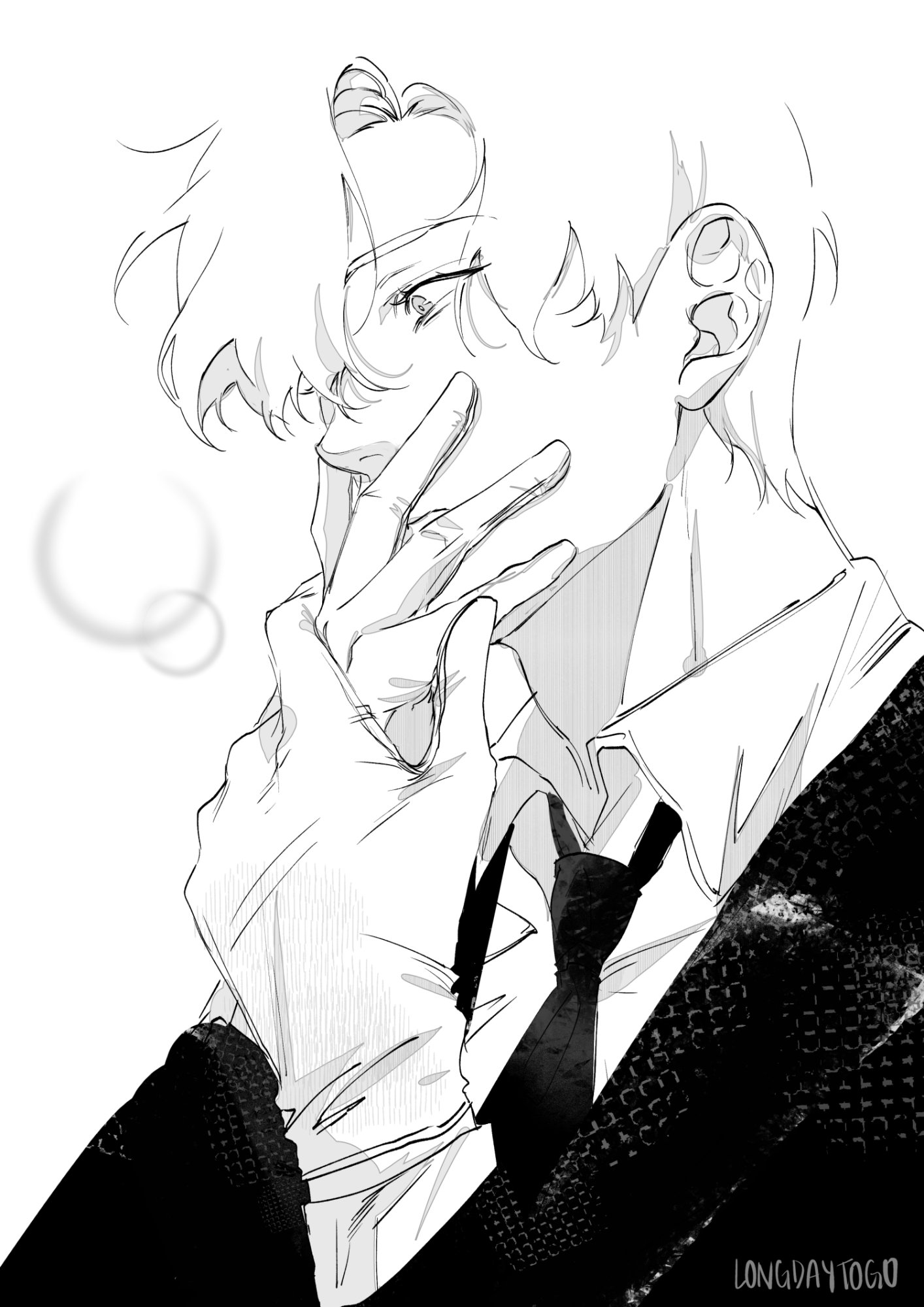 the image is a black and white, stylized illustration of a young man. he's depicted from the side, his face partially obscured by his hand, which is elegantly positioned near his mouth.  he appears to be wearing a suit and tie, with gloves that extend up his forearms. his hair is styled in soft waves, and his overall aesthetic is one of sophisticated mystery. the linework is clean and detailed, with subtle shading and texturing to add depth. the artist's signature, "longdaytogio," is visible in the bottom right corner. the overall style suggests influences from anime and manga.