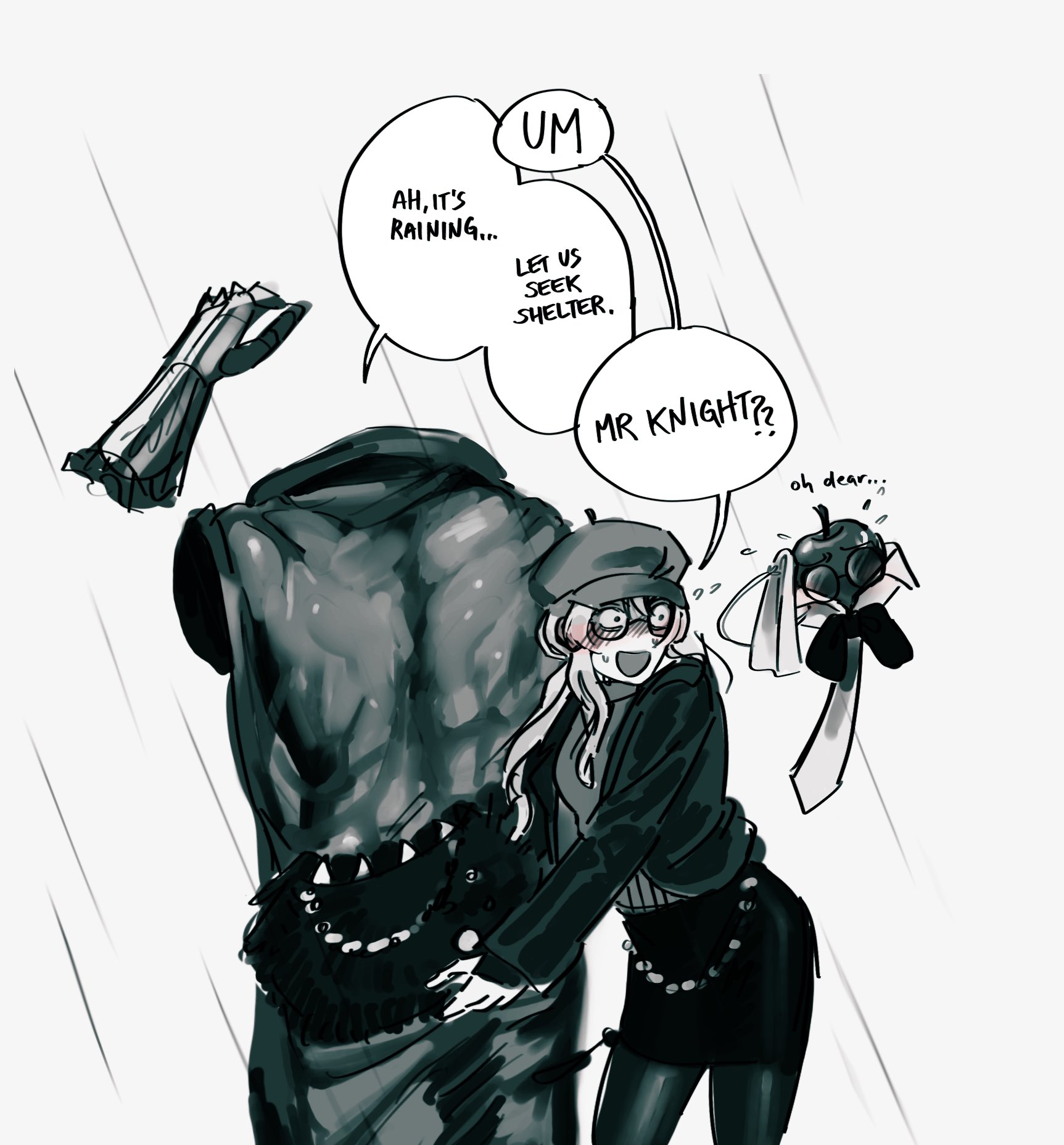 a black and white comic strip depicts a scene with three characters caught in the rain. two characters appear to be human, a woman and a small creature with wings. the third character is a tall, muscular robot, only his back visible to the viewer. the woman, wearing glasses and a smile, has her arms wrapped around the robot's waist. dialogue bubbles above their heads reveal their interaction:  robot: "ah, it's raining..."  woman: "um... let us seek shelter. mr. knight??" small creature: thinking "oh dear..." the scene implies a humorous dynamic between the characters, suggesting a possible romantic interest between the woman and the imposing, yet seemingly oblivious, robot.