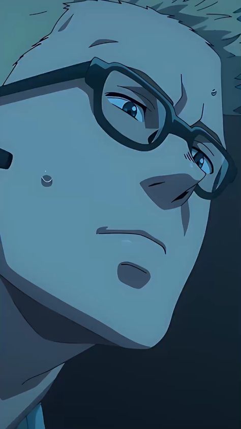 this is a closeup illustration of a man's face. he is wearing glasses and has a serious expression. the image is lit with artificial light, possibly from above, creating a contemplative mood. the low angle perspective adds to the intensity of his gaze.
