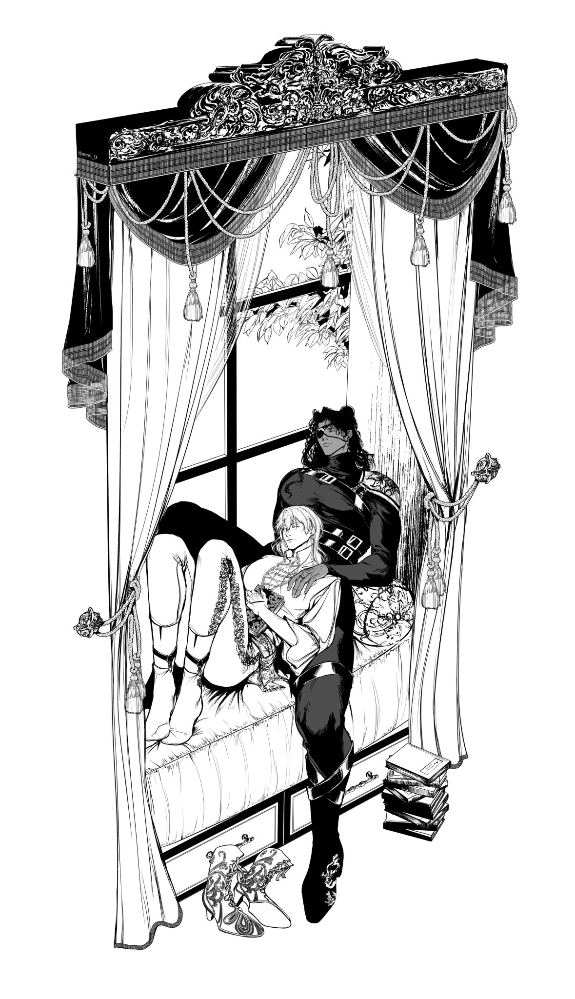 a black and white drawing of a couple sitting on a bed, with a man and a woman reading a book. the couple is sitting on a bed with ornate curtains and a canopy. the image has a romantic and intimate feel.  the art style is reminiscent of classic, vintage gothic or victorian art nouveau styles.