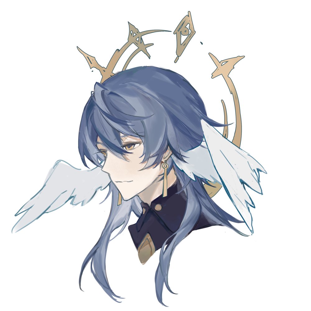 a digital illustration of a young man with long blue hair. he has white wings and a gold halo behind him. he is looking to the right, and his expression is serious. his hair falls around his shoulders and he wears a dark blue coat with a gold trim. he has golden earring on his left ear. the artwork is done in a soft, painterly style.