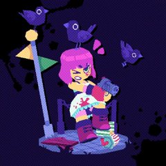 a chibistyle digital illustration of a girl with pink hair standing on a platform. she has an angry expression, with a smirk and a wink. she's holding a gun that appears to have blood on it. there are three black birds around her, one perched on the streetlight behind her. the overall color palette is predominantly purple, pink, and black, giving off a nighttime vibe. the lighting seems to be artificial, perhaps from a spotlight, focused on the girl. the perspective is from a slightly high angle.