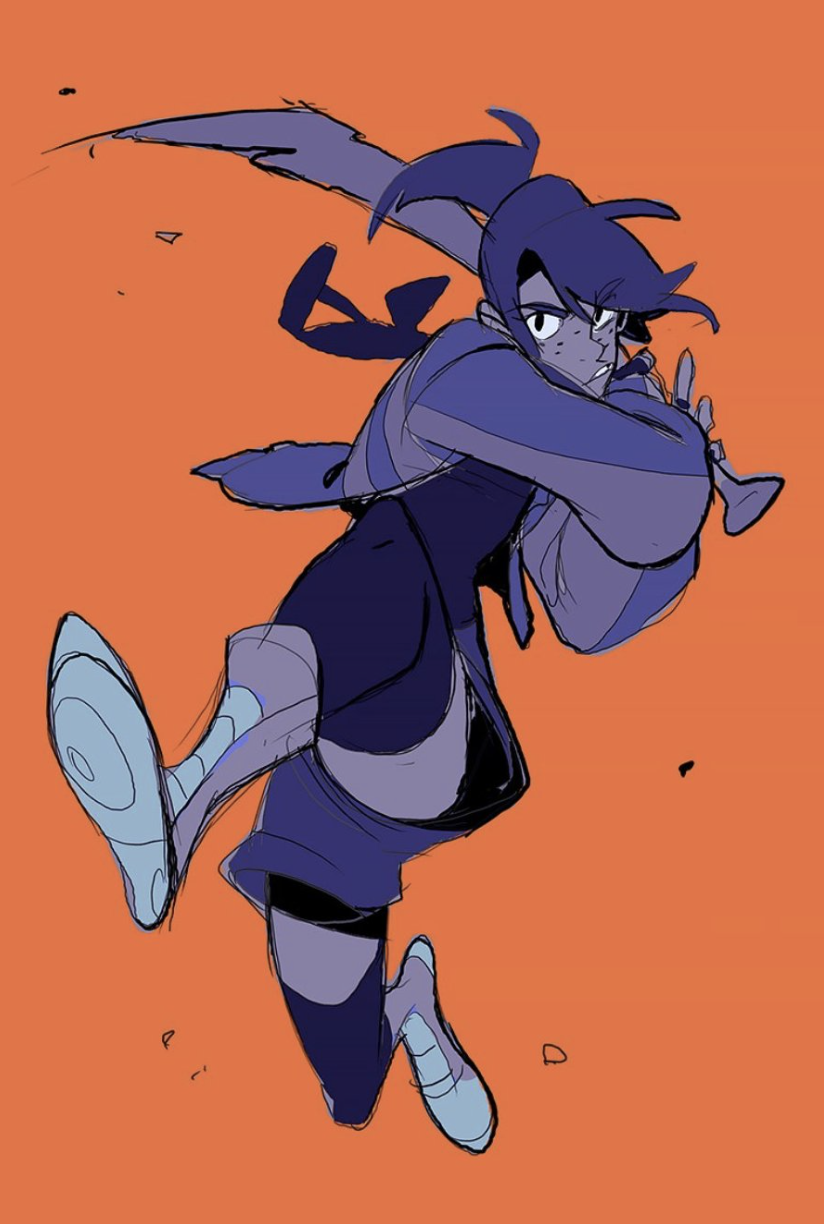 an animestyle illustration of a girl with purple hair and blue eyes jumping in the air. she is wielding a weapon that looks like a katana. the background is a solid orange color. the art style is loose and sketchy, giving the image a dynamic and energetic feel.