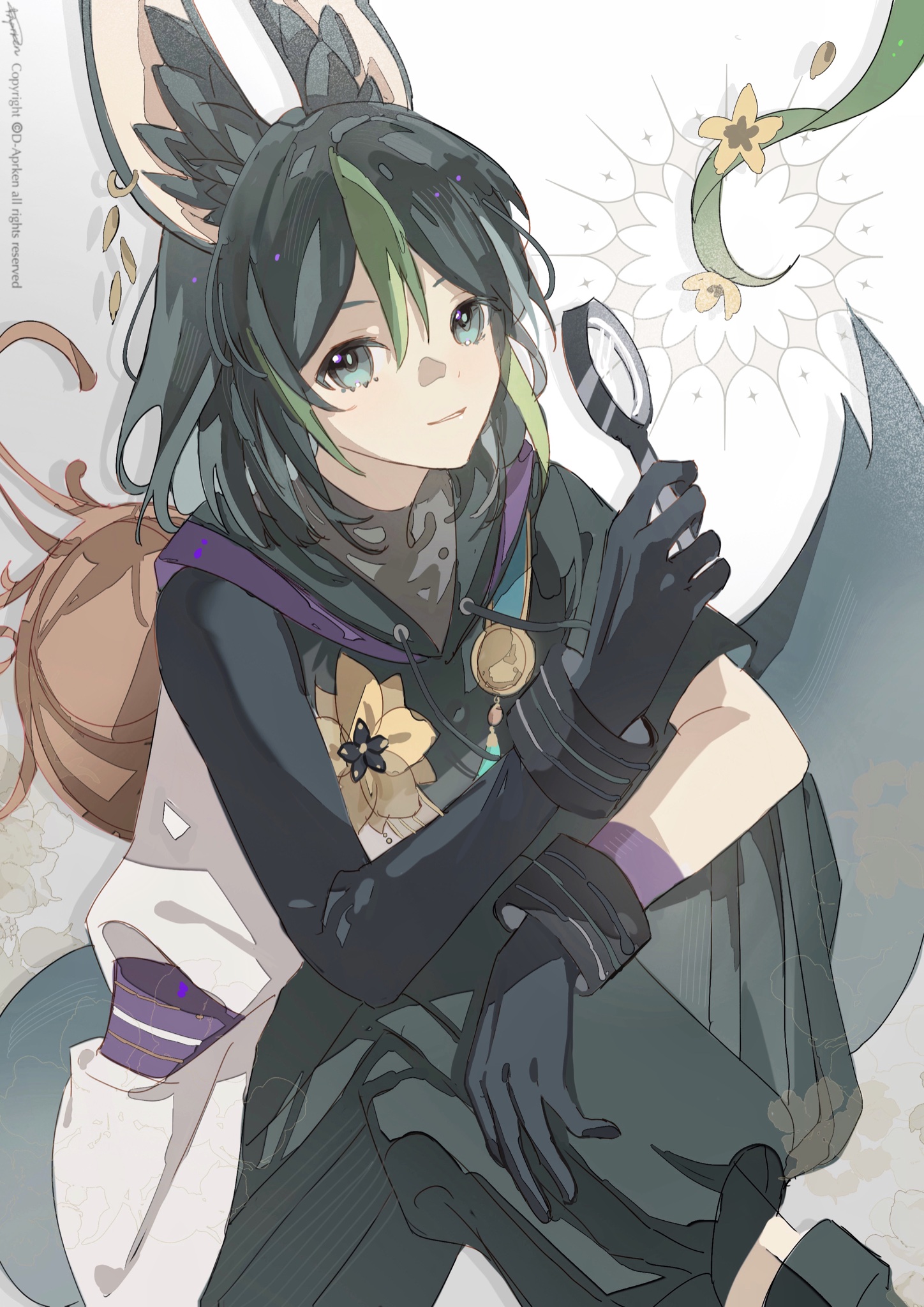 an anime girl with long green hair and rabbit ears is looking confidently at the viewer. she is wearing a black outfit with gloves and a white background. she appears to be mystical and powerful.  the background is blurry and has vines with flowers, adding to the mystical and magical aesthetic. the art style is beautiful and wellexecuted.