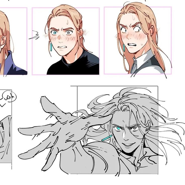 this is a drawing of a male anime character. he has blonde hair, blue eyes, and is blushing. he is drawn in a panel style, and there are multiple panels showing different expressions of his face. in one panel, he is reaching out with his hand.