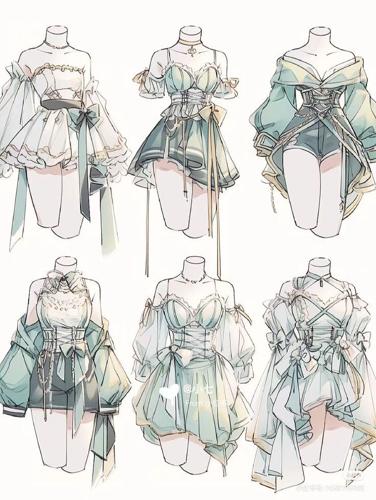 the image showcases six distinct fashion design sketches, all presenting variations of a stylish and feminine aesthetic. each outfit is meticulously detailed, featuring elements like corsets, flowing skirts, and delicate embellishments. the color palette primarily revolves around soft pastels, contributing to the overall romantic and dreamy feel of the designs.