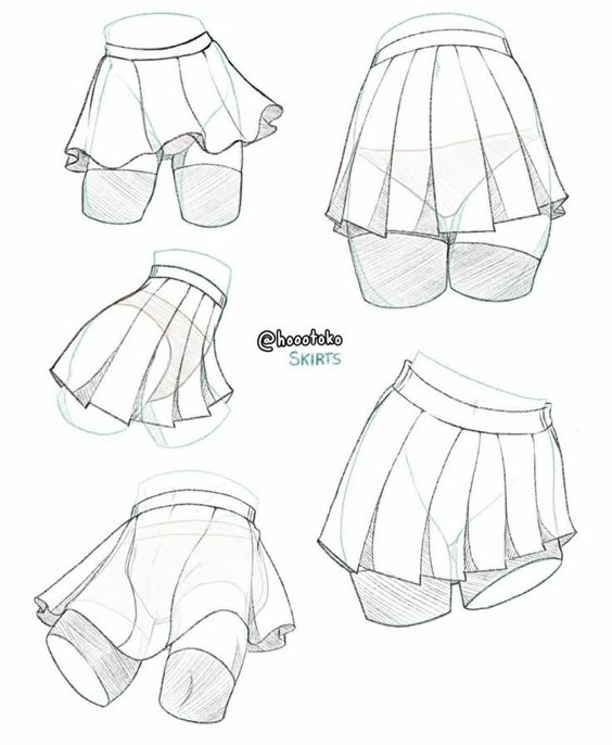 the image shows different ways to draw pleated skirts. each skirt has a different shape and style. the skirts are drawn in a simple, outline style.