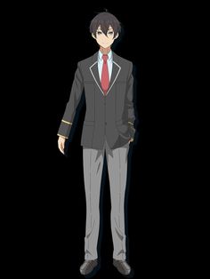 the image shows a young animated male character. he has short, dark hair and dark eyes. he is wearing a gray school uniform with a red tie and a black blazer with gold trim. the background is black.