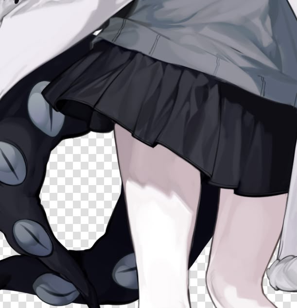 an animestyle drawing depicting a person wearing a grey sweater and a black skirt. a black tentacle with grey suckers is visible on the left. the person's legs are also visible. the background has a checkered transparency pattern.
