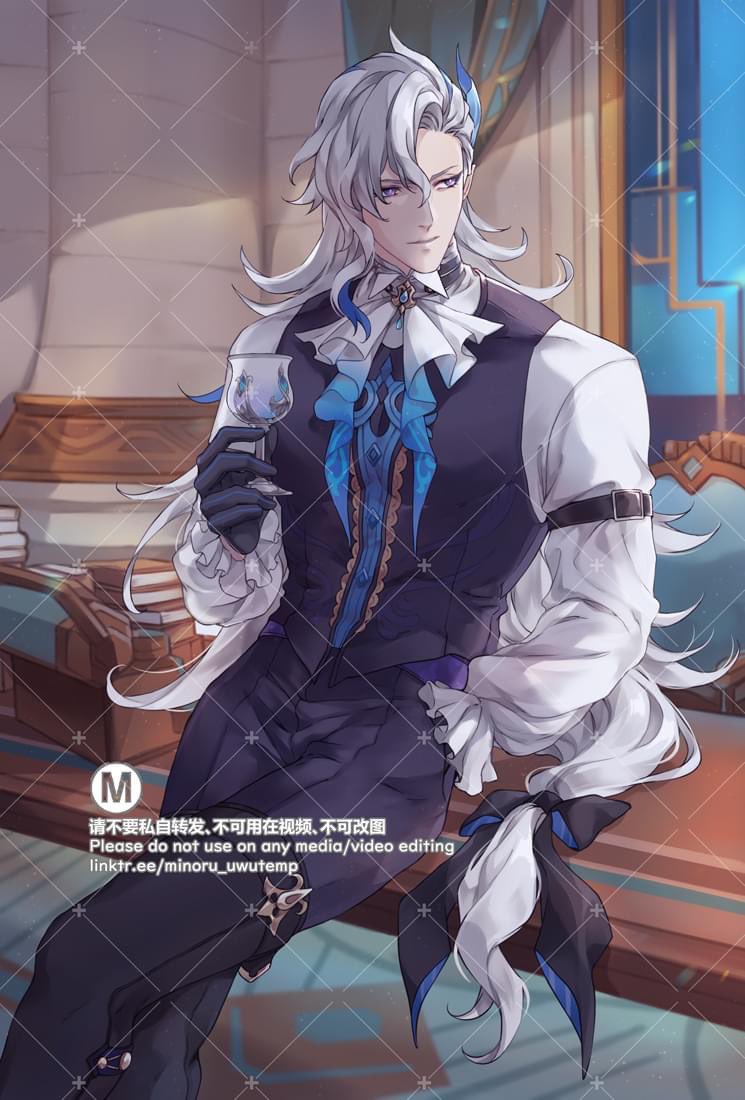 the image features an anime male character with long white hair and silver eyes. he is wearing a black and blue elegant outfit, which includes a white shirt with a blue bow tie, a black vest, black pants, black shoes, and white gloves. he is sitting in a chair and holding a glass in his right hand. his hair is tied with a black hair ribbon. the background is a white wall.