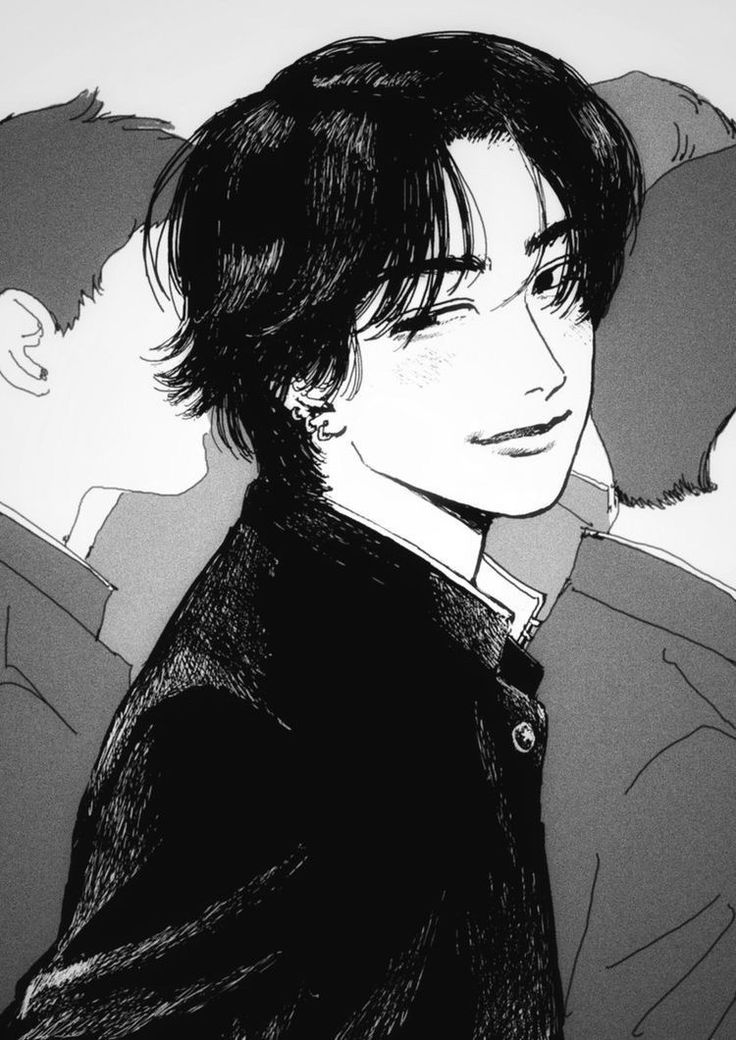 black and white illustration of a stylish animestyle boy with short, dark hair that partially covers his eyes. he is wearing a darkcolored jacket that resembles a school uniform. his expression is a subtle smirk and appears slightly confident and stylish. the background features two other individuals who appear to be partially visible, enhancing the visual depth and possibly suggesting a setting of a school or social environment. the overall style is reminiscent of manga or graphic novel art. the artwork emphasizes linework and shading to create texture and form.