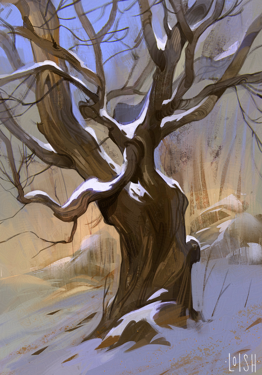 a stylized digital painting depicts a bare tree in a winter landscape. the tree's trunk is thick and gnarled, with bare branches reaching upwards. patches of snow cling to the branches and the base of the tree. the background features a cooltoned landscape, possibly a forest with other trees and snowcovered ground. the overall style is artistic and illustrative, with visible brushstrokes and a signature in the lower right corner.