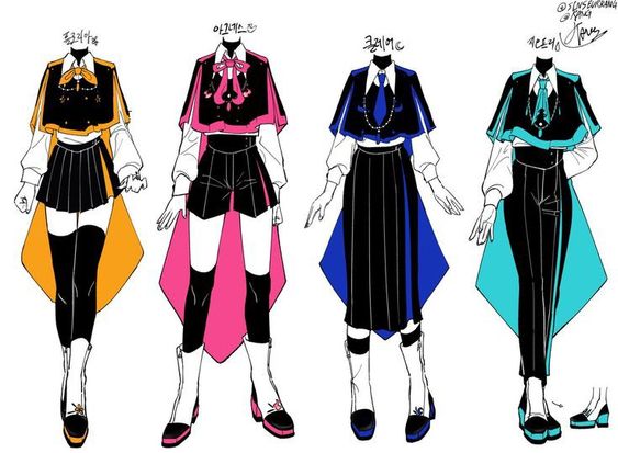 an illustration depicting four male kpop idols wearing stylish and colorful outfits with a black base, featuring different colored accents and accessories. each outfit showcases a unique style, with capes, shorts or skirts, ties or bowties, and various footwear options. the illustration highlights the creativity and diversity of kpop fashion.