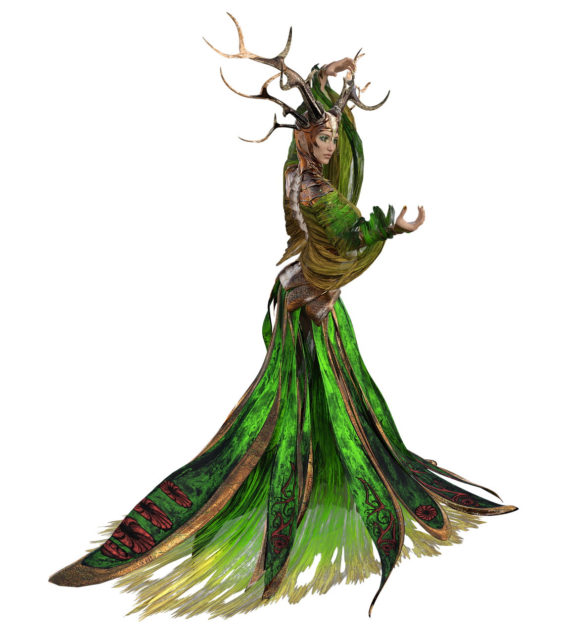 a digital art image featuring a fantasy woman, likely an elf or fairy, wearing an elaborate green dress and a headdress adorned with antlers. the woman is posed gracefully against a black background, emphasizing her ethereal and mystical appearance. her costume is highly detailed with intricate decorative elements.