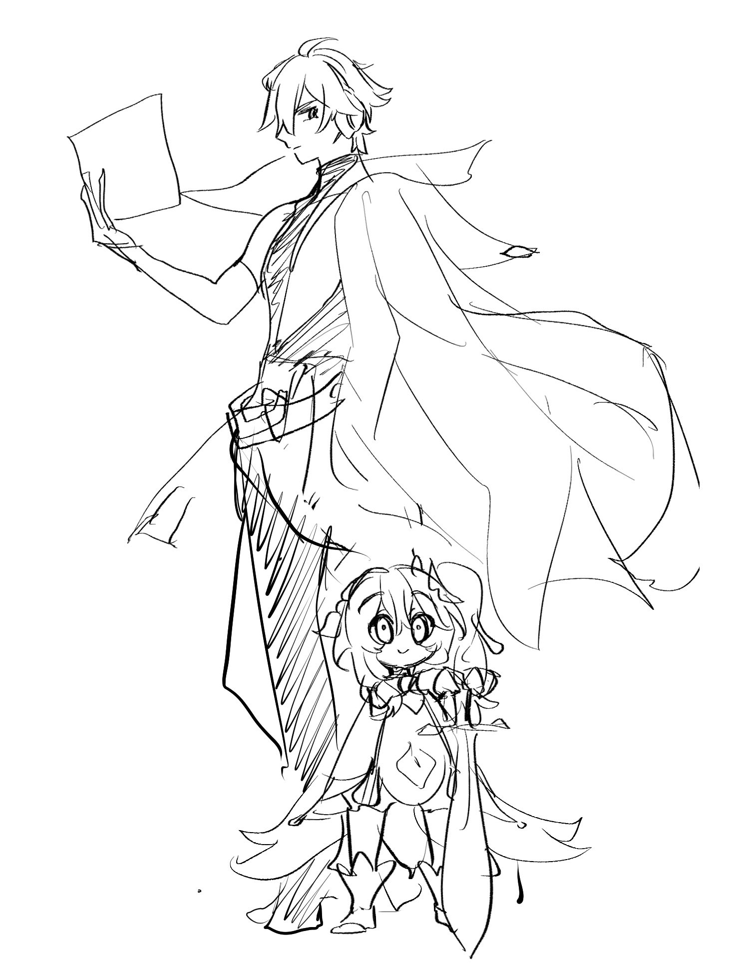 a black and white drawing of an anime character, a male in a long coat holding a piece of paper, and another anime character, a female, is in front of him. the female has a sword and a cape. the drawing is done in a sketchy style.