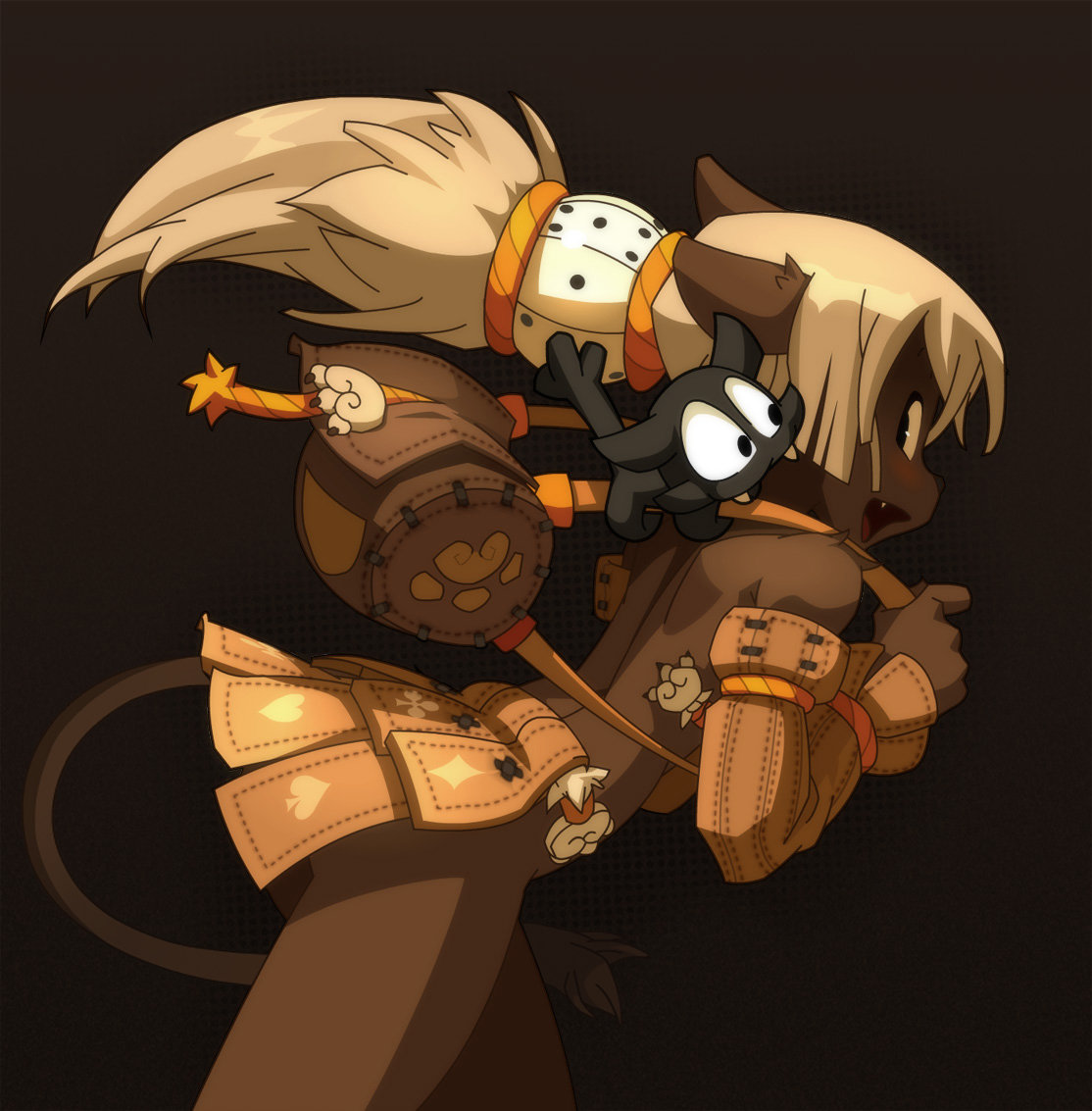 a brownskinned female, animallike character in a steampunk setting. the character is shown to be a warrior, covered in armor, with a weapon. she has a tail and brown, fluffy hair.  she is walking forward, a black beast in a robotic helmet is on her back, holding on and looking forward as well. both of their expressions look very determined.