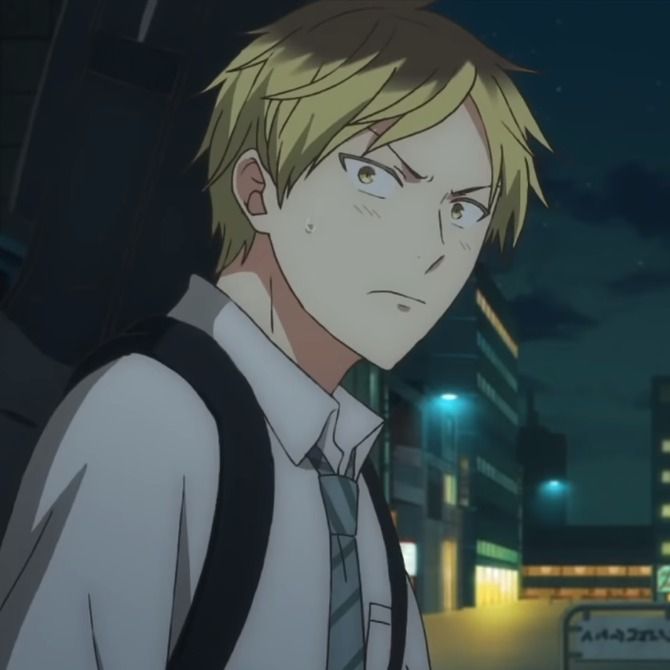 a digital illustration shows a young man with short, blond hair and a worried facial expression. he appears to be in his late teens, has fair skin, and brown eyes. the man is wearing a white collared shirt, a green and white striped tie, and a darkcolored backpack.  the scene is set at night, as evidenced by the dark sky and illuminated street lights in the background.  the background is slightly blurred, making the character the main focus of the image.