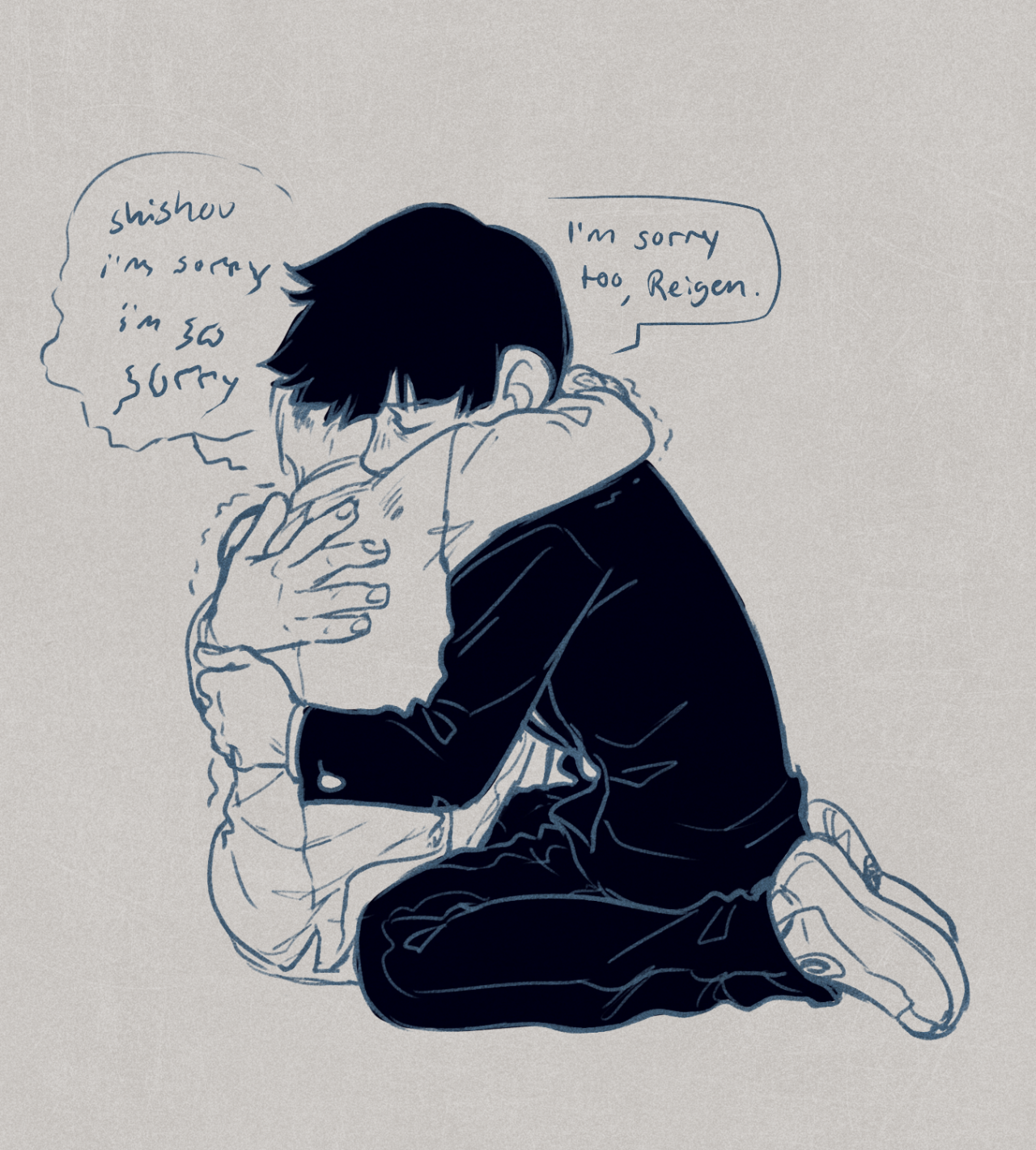 the image depicts two boys, drawn in a manga style, locked in a tight embrace. one boy, with dark hair and wearing a black uniform, is kneeling and holding the other boy close. he has a distressed expression and the words "shishou i'm sorry im so sorry" written around him, indicating intense guilt and remorse. the other boy, shorter with lighter hair, is being held tightly, his face buried in the other boy's shoulder. the words "i'm sorry too, reigen" are written beside him. the scene evokes a strong sense of emotional vulnerability and forgiveness, likely following a conflict or misunderstanding. the muted color palette further emphasizes the somber mood of the moment.