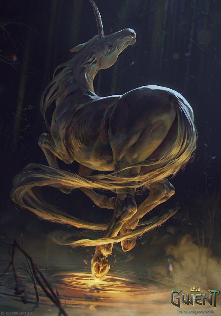 the image depicts a ghostly, ethereal unicorn suspended above water in a dark forest. the unicorn is predominantly grey, with a slender body, curved neck, and a long, twisted horn. its tail is swirling around its body, creating a sense of movement and magic. the unicorn's single hoof is submerged in the water, causing a bright golden glow and ripples around it. the scene is dark and mystical, with the forest as a blurred background. the image is labeled as a "gwent" card, suggesting it's part of a fantasy card game.