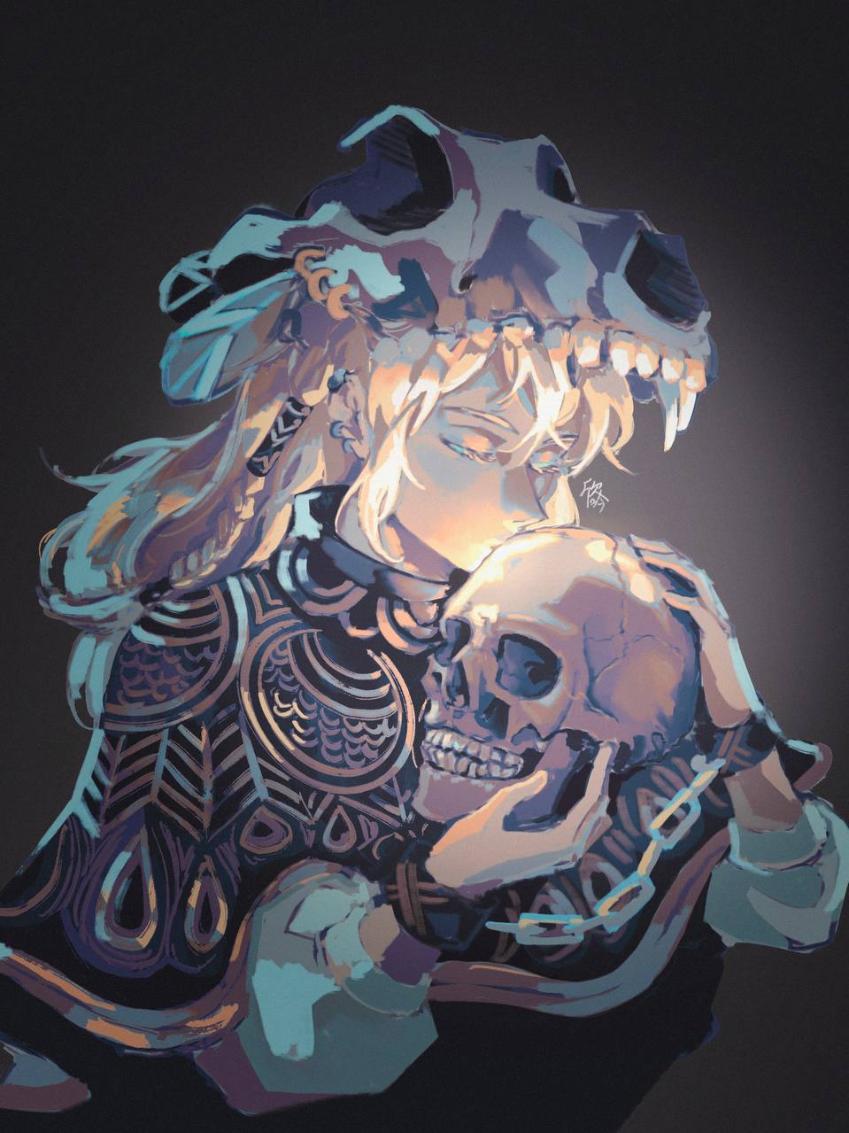 this image is a digital painting that depicts a stylized anime character with long white hair wearing a wolf skull mask.  the character has an enigmatic expression, holding a large skull close to their chest. the artwork is bathed in a soft, blue light.
