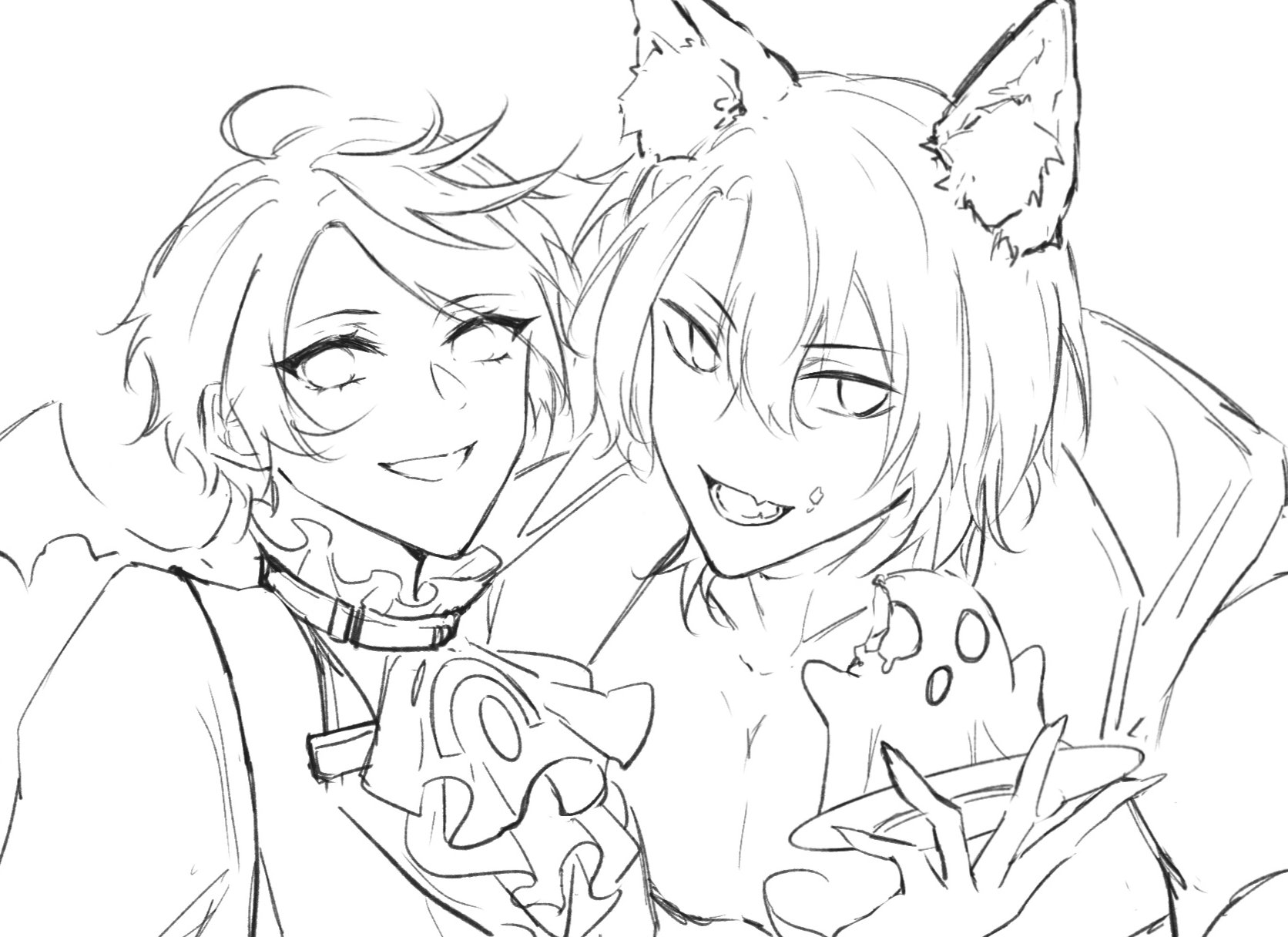 a black and white drawing of two anime boys. one has a cute smile and the other has a sly grin with his fangs showing. they are both looking at the camera with wide eyes. the boy on the left has short curly hair and a cute outfit, while the boy on the right has long hair and looks like he's about to eat something. they are both drawn in a manga style. they are close to each other and look like they are best friends.