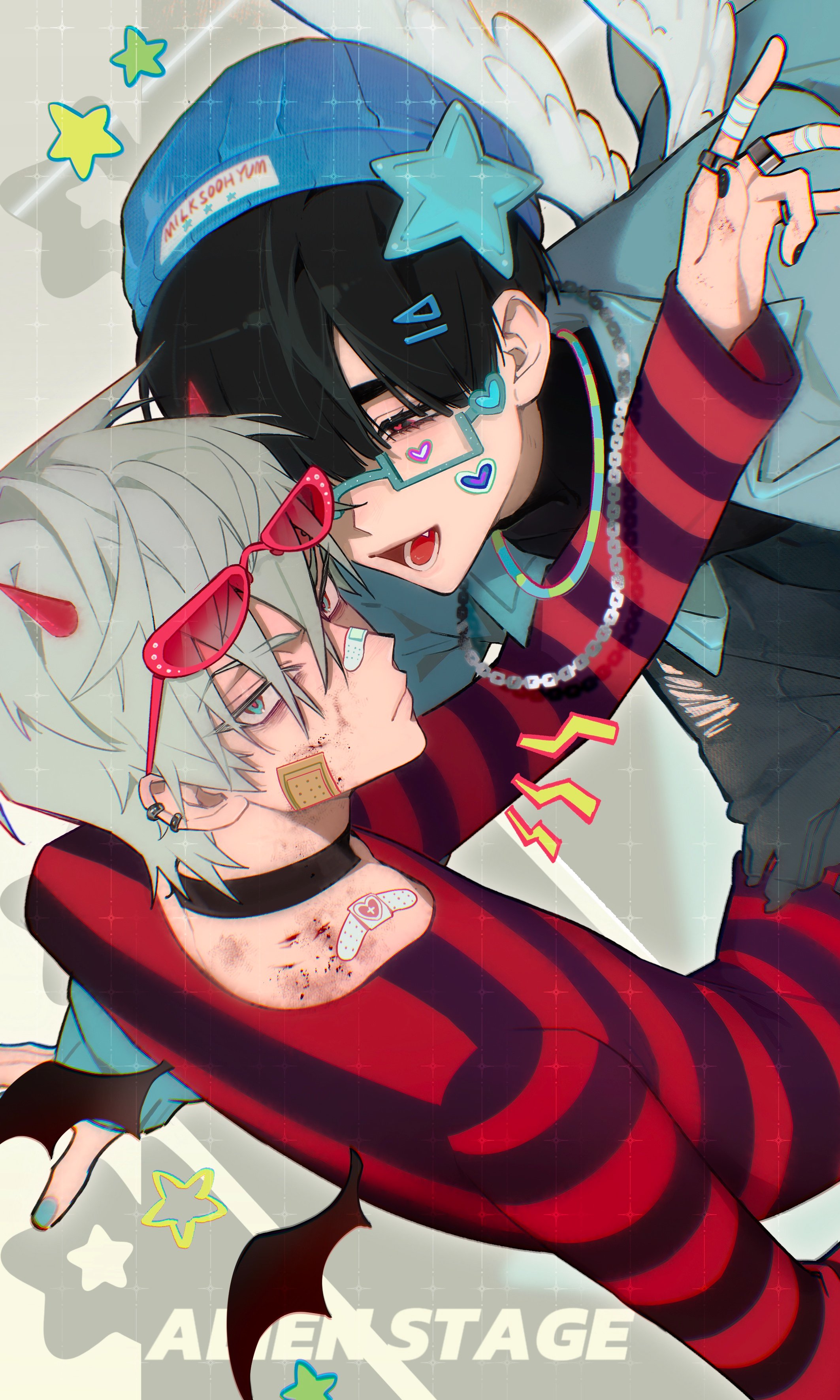 this is a digital art piece of a couple in a sweet and romantic moment. the girl is wearing a red and black striped outfit, with wings and a devil horn. she's hugging the boy, who is wearing a blue outfit with wings. both have cute details like hearts, bandages, and glasses. they are both looking at each other lovingly, with the girl giving the boy a kiss on the cheek.