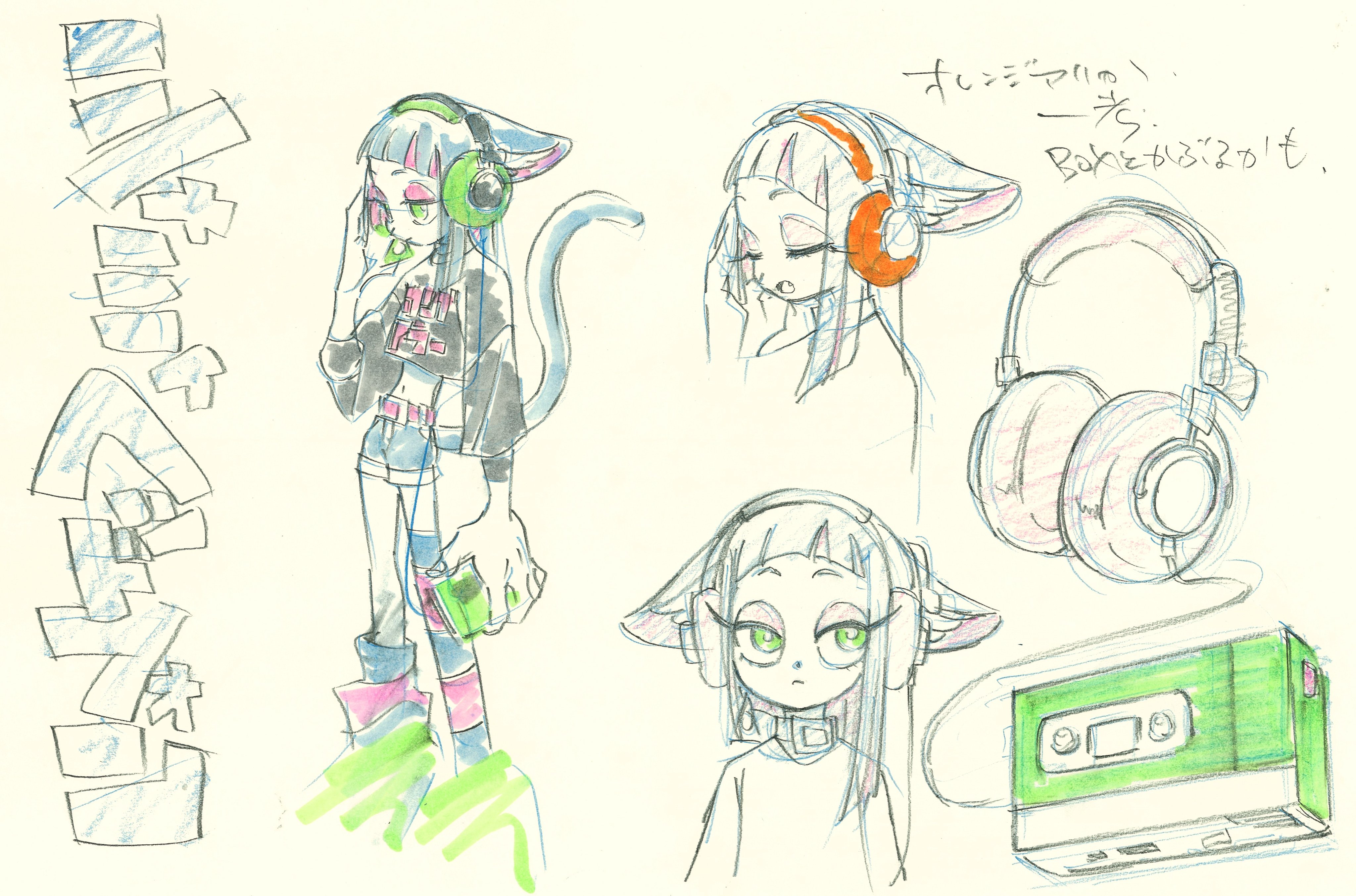 this is a lively and colorful character design sketch, likely for an anime or manga. it features a cool catgirl with a 90s vibe, complete with headphones, a cassette tape, and baggy clothing. the artist has explored different angles and expressions for the character, showcasing her playful personality.  the use of bright green adds a pop of energy to the otherwise black and white sketch.