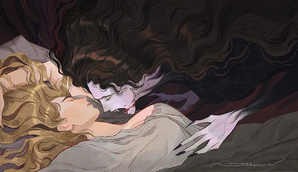 an illustrated depiction of a vampire, with long dark hair, baring fangs, leaning over a sleeping woman with blonde hair. it's dark and ominous, a gothicstyle painting with an unsettling atmosphere.