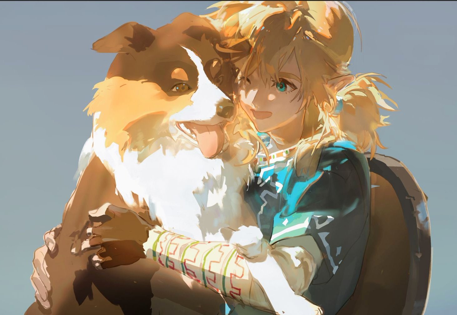 a digital painting of link from legend of zelda hugging a dog. link is a blonde anime girl with blue eyes, wearing her signature blue and white outfit. she is smiling brightly as she hugs the dog tightly.  the dog is a brown and white dog with a happy expression. the background is a soft blue color. the image is in a painted style.