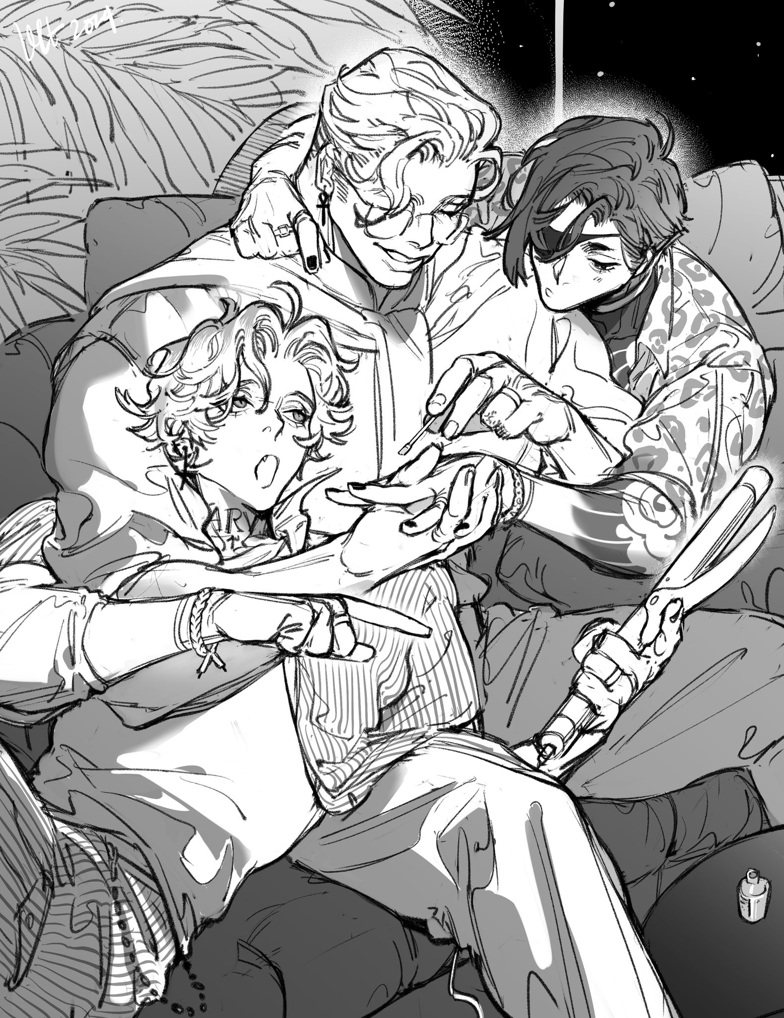 three men are sitting on a couch, and appear to be laughing and having a good time together. the man on the left is dressed in a casual shirt, while the man in the middle is wearing a white shirt and the man on the right is wearing a shirt with a pattern. the drawing is in black and white, and the men are all smiling. the drawing is a sketch, and the lines are loose and expressive.